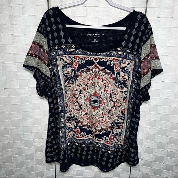 Lucky Brand Womens Persian Carpet Tee Shirt Plus Size 3X Navy Multi Color Blouse - Picture 11 of 15